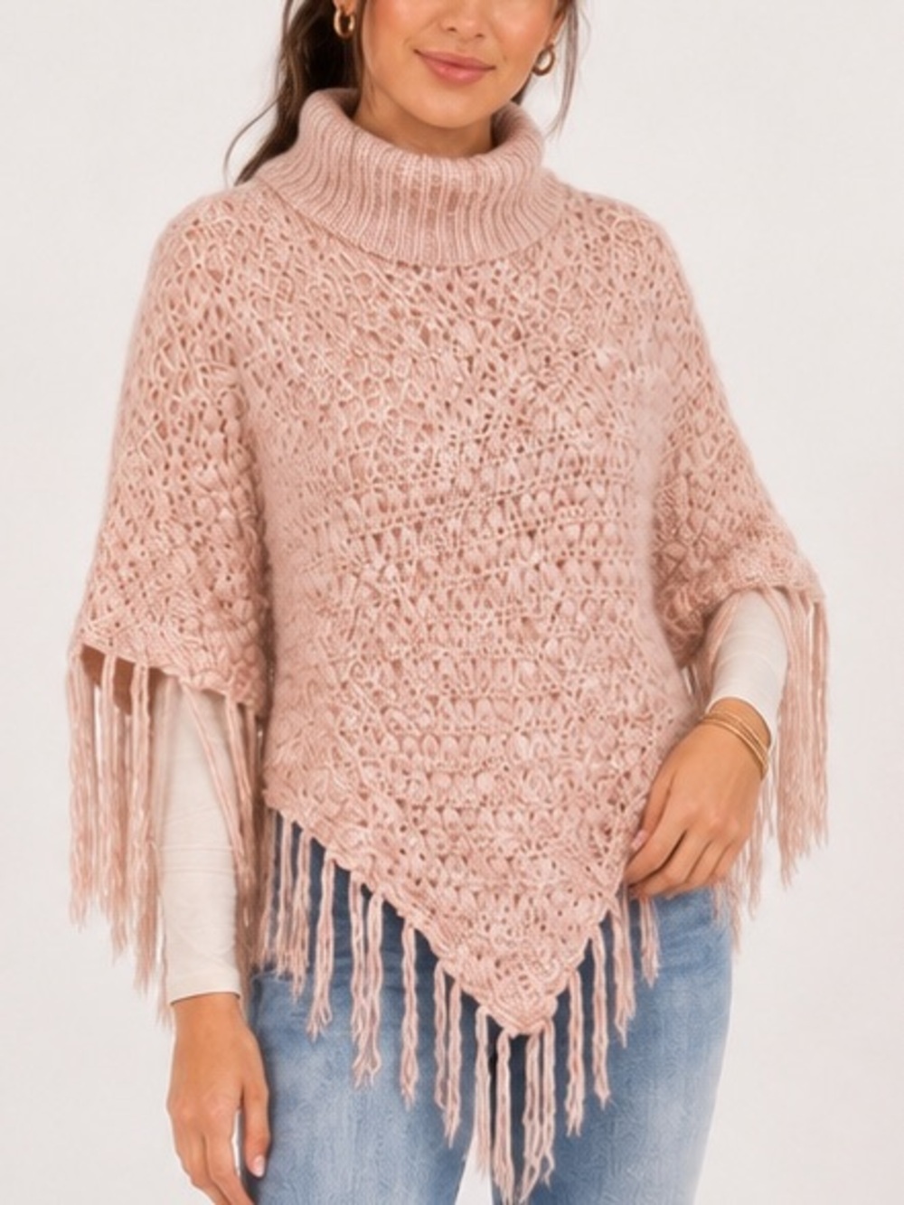 Say What? Vintage Poncho Sweater Blush Pink Textured Knit Fringe Cozy Boho Chic
